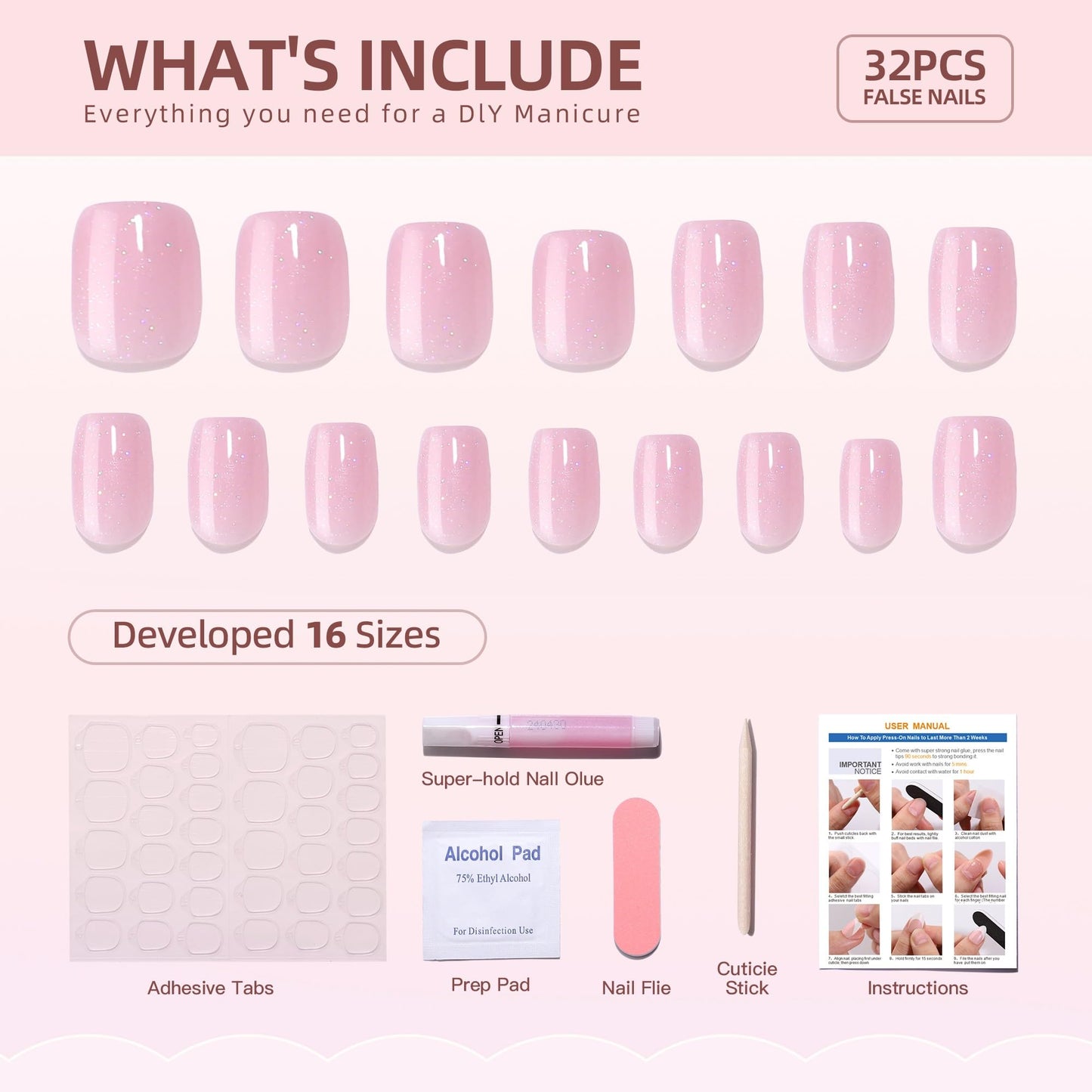 RTKHFZE Press On Nails Short - Pink Press on Nails Short Square Soft Gel Fake Nail with Nail Glue,Supremely Fit & Natural Reusable Stick On Nails in 16 Sizes - 32 Pcs False Nails Kit