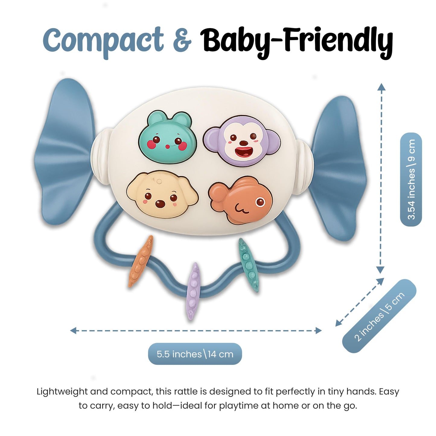 Rattle Teether (2 in 1) Candy Shape with Animals Theme, Musical Learning and Lighting, BPA-Free, Safe Chewable, Soothing Toy, Best for Infants, Baby Shower, Birthday Gift (Blue)
