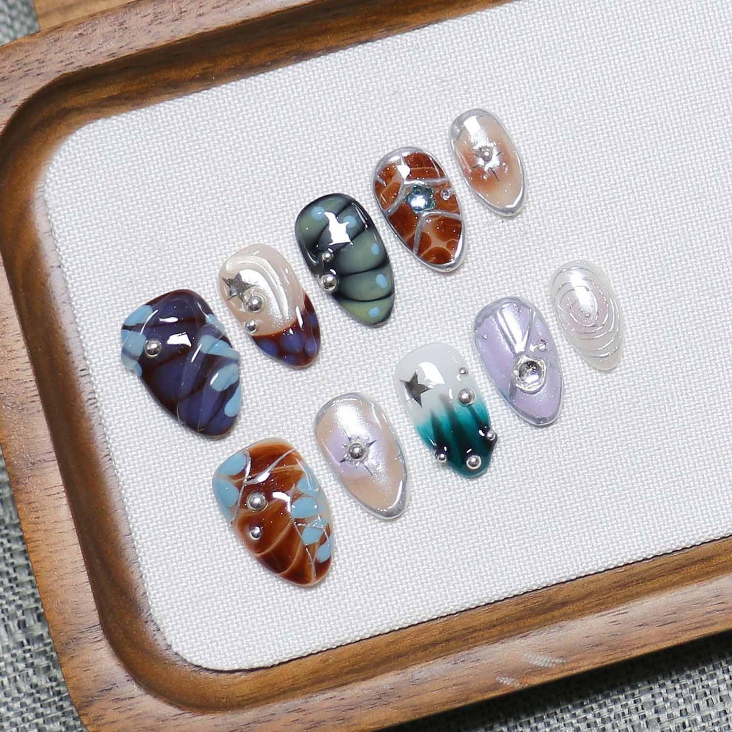 10 Short Almond Handmade Press On Nails | 3D Floral Dopamine Sweet & Edgy Design with Snake Pattern, Marbling & Silver Gilding | Skip Salon Trips, Easy to Apply & Remove, Reusable(251112, S)