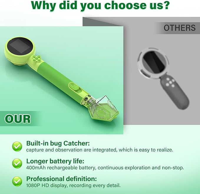 Microscope for Kids with Bug Catcher, 1080P HD Digital Handheld Portable Kids Microscope, 2 in 1 STEM Science Educational Learning Kit Christmas Birthday Gifts Toys for 3-15 Boys & Girls (Green)