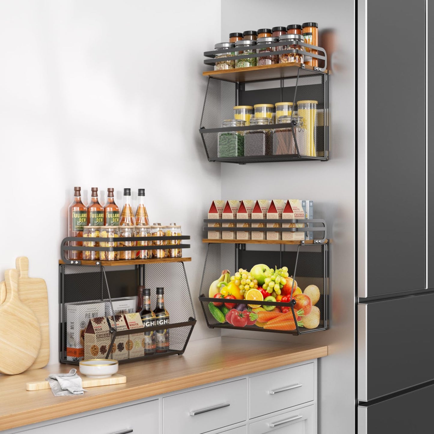 Magnetic Shelf for Fridge with Wood Lid, Large Capacity Magnetic Spice Rack for Refrigerator Kitchen Storage Bin for Fruit, Onion, Potatoes, Storage Organizer for Counter & Cabinet, Mesh Basket
