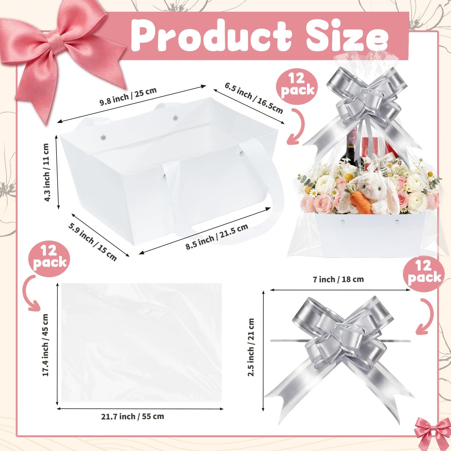 Surgifuly 12 Pack Baskets for Gifts Empty Bulk Kraft Empty Gift Basket Kit, Gift Bags With Handles DIY Kit for Packages Wrapping Wedding Party (White)