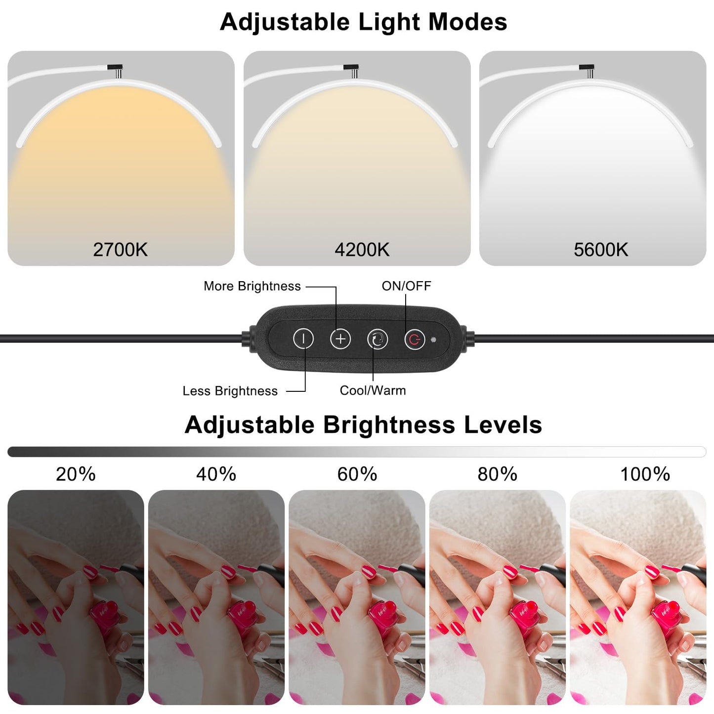 ZEKAHOV Professional Half Moon LED Desk Light for Nail Techs & Artists – Flexible Gooseneck Lamp with Clamp, 3 Color Modes & 5 Brightness Levels for Manicure, Tattoo, Beauty Work