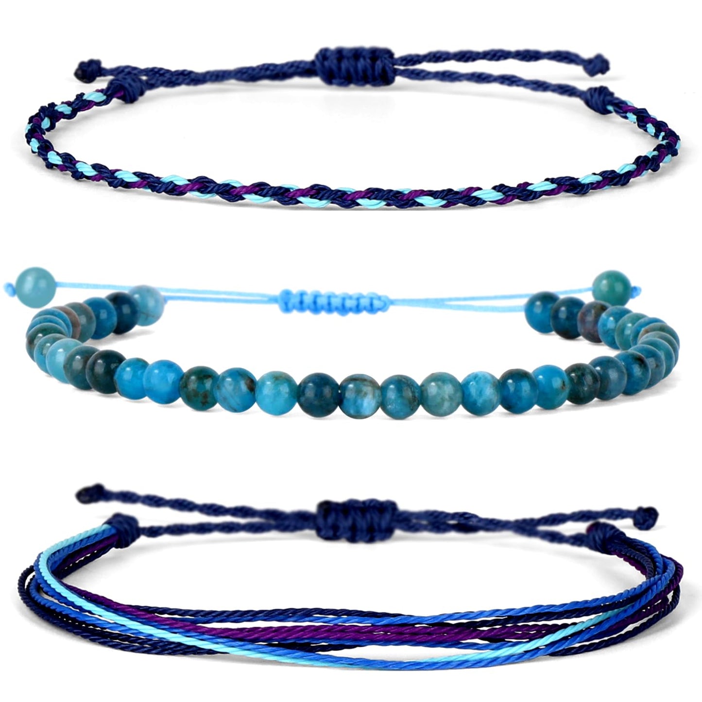 QOGIR Handmade Healing Bracelets,4mm Natural Blue Apatite Gem Stone Beads Bracelet for Men Women Gifts with 2PCS Size Adjustable Rope Bracelets