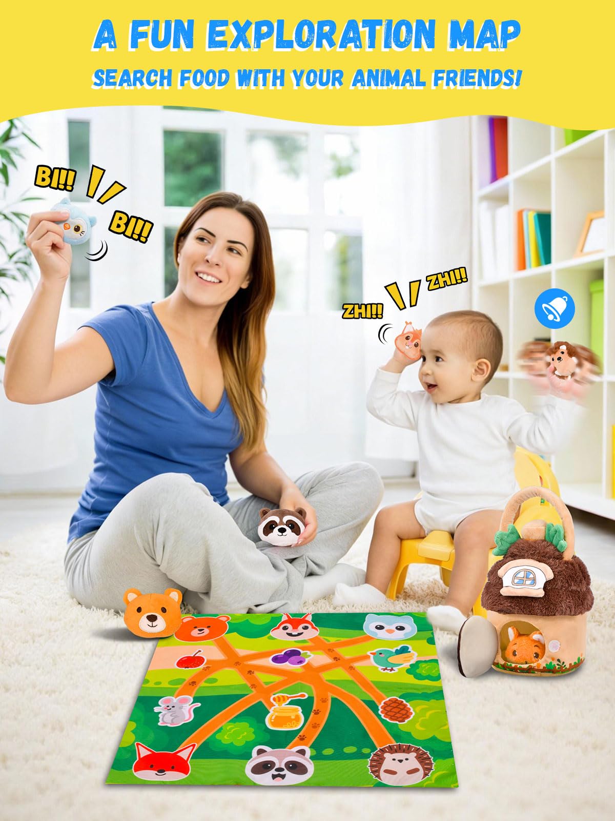 Baby Toys 6-12 Months Forest Animal House with Map Plush Stuffed Animals Rattle Squeaker Montessori Toys for Babies Sensory Infant Toy Toddler Gift 1-3 Year Old