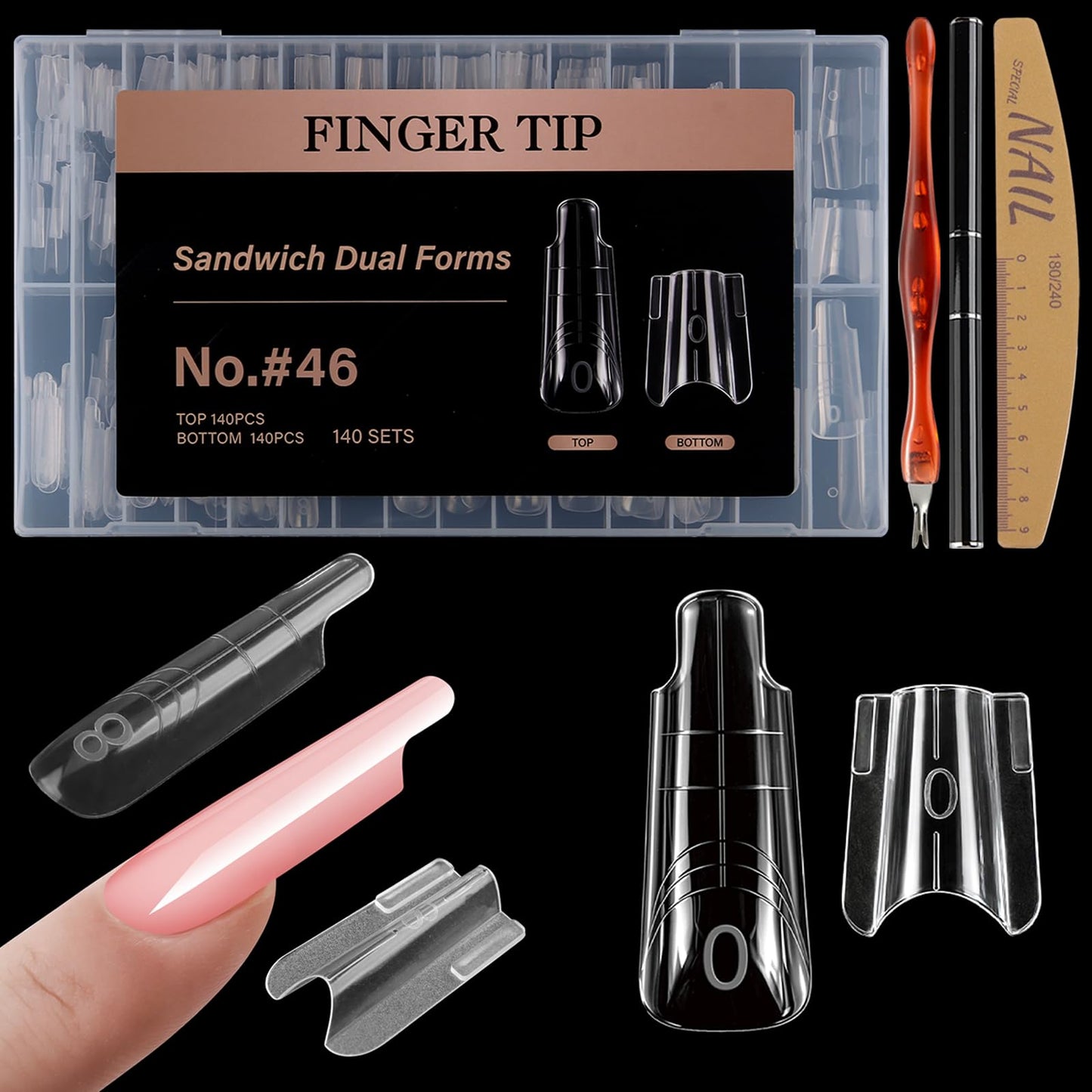 SUTOKAKA 280Pcs Sandwich Nail Dual Forms for Polygel Extension Builder Gel 140 Pairs Coffin Shape Top and Bottom Plastic Nail Molds with Tools for DIY Manicure Art At Home