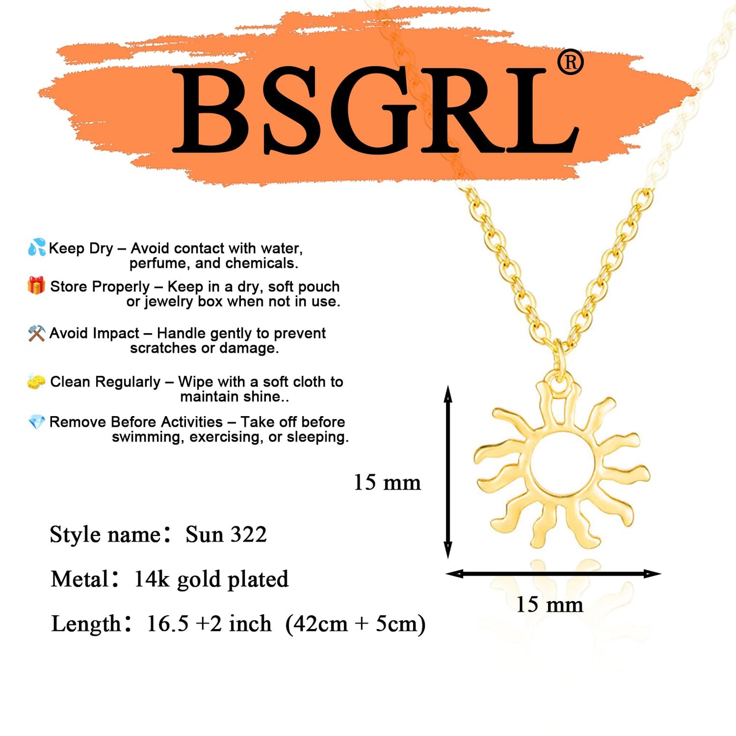 BSGRL Gold Necklace: 14K Gold Plated Dainty Sun Pendant Little Sun Solar Light Necklace for Women 16.5”+2” ext