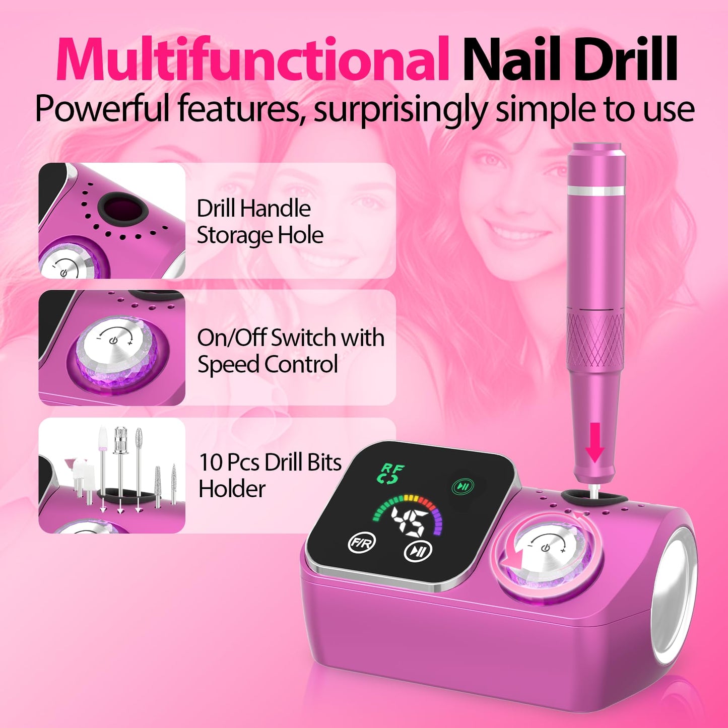 PYVOLA Professional Electric Nail Drill E-File Machine - 45,000 RPM Corded Nail Drills Kit with Low Noise & LED Display for Shaping, Removing & Polishing Acrylic Gel Nails for Salon Home