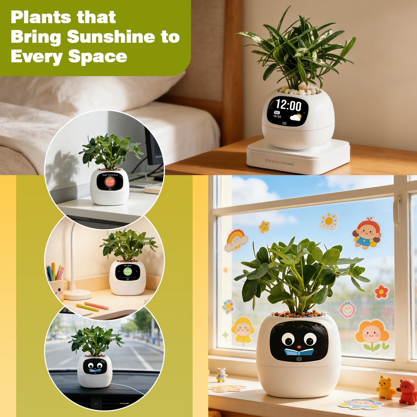 Smart Plant Pot with Visual Display – Soil Moisture, Water Level, Light & Battery Monitor, 80ml Self-Watering Reservoir, Supports 100+ Plants, Pomodoro Timer, Clock & Calendar-White