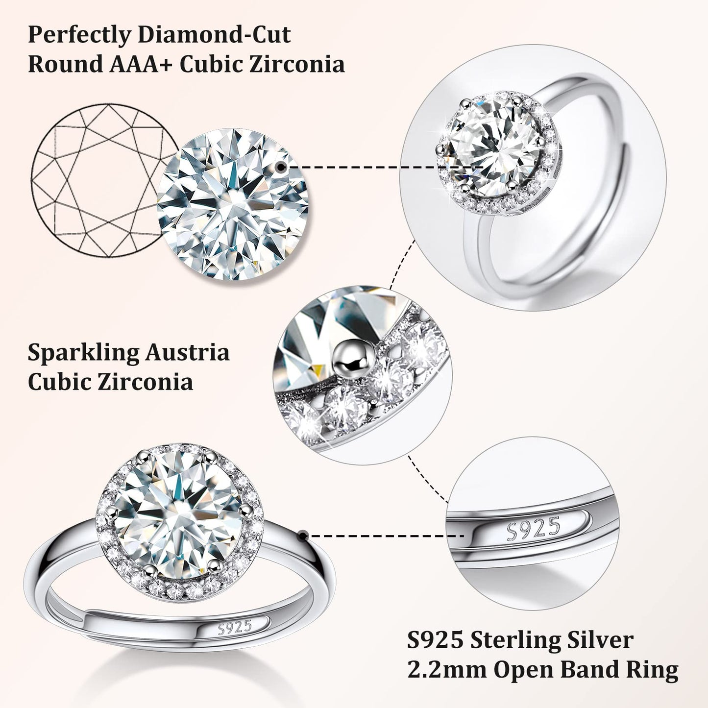 Bestyle 925 Sterling Silver Round Cut Gemstone Cubic Zirconia Rings for Women, April White Diamond Rings, Statement and Promise Ring for Engagement/Wedding/Anniversary/Valentines Day
