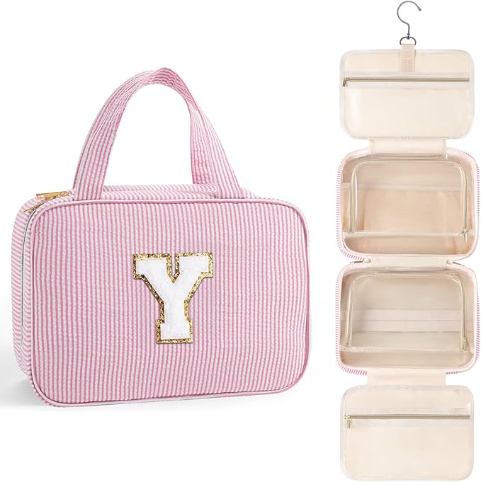 TOPEAST Travel Toiletry Bag for Women - Hanging Toiletry Bag Makeup Bag, Portable Toiletries Travel Bag and Cosmetic Bag Essentials - Letter Y, Pink