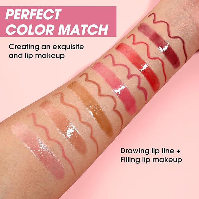 Jolilab Matte Lip Liner Lip Oil Set, Lip Makeup Set Natural Smooth Long-Lasting And Hydrating Beauty Daily Cosmetics Gift for Girls Easy-to-Use（8pcs）