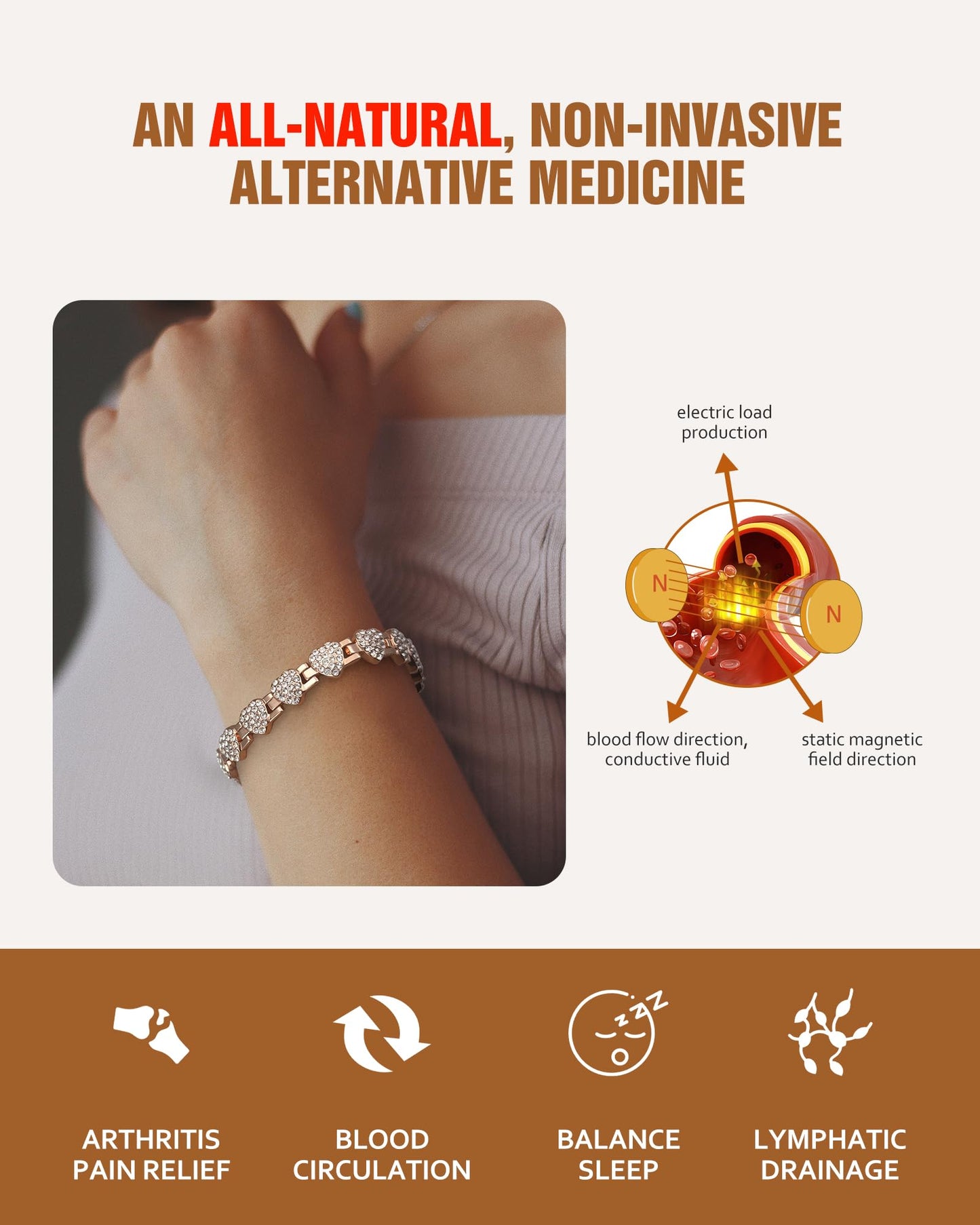Jecanori Pure Copper Bracelets for Women,Effective Magnetic Bracelets with Sparkling Rhinestones, Adjustable Copper Jewelry Gift