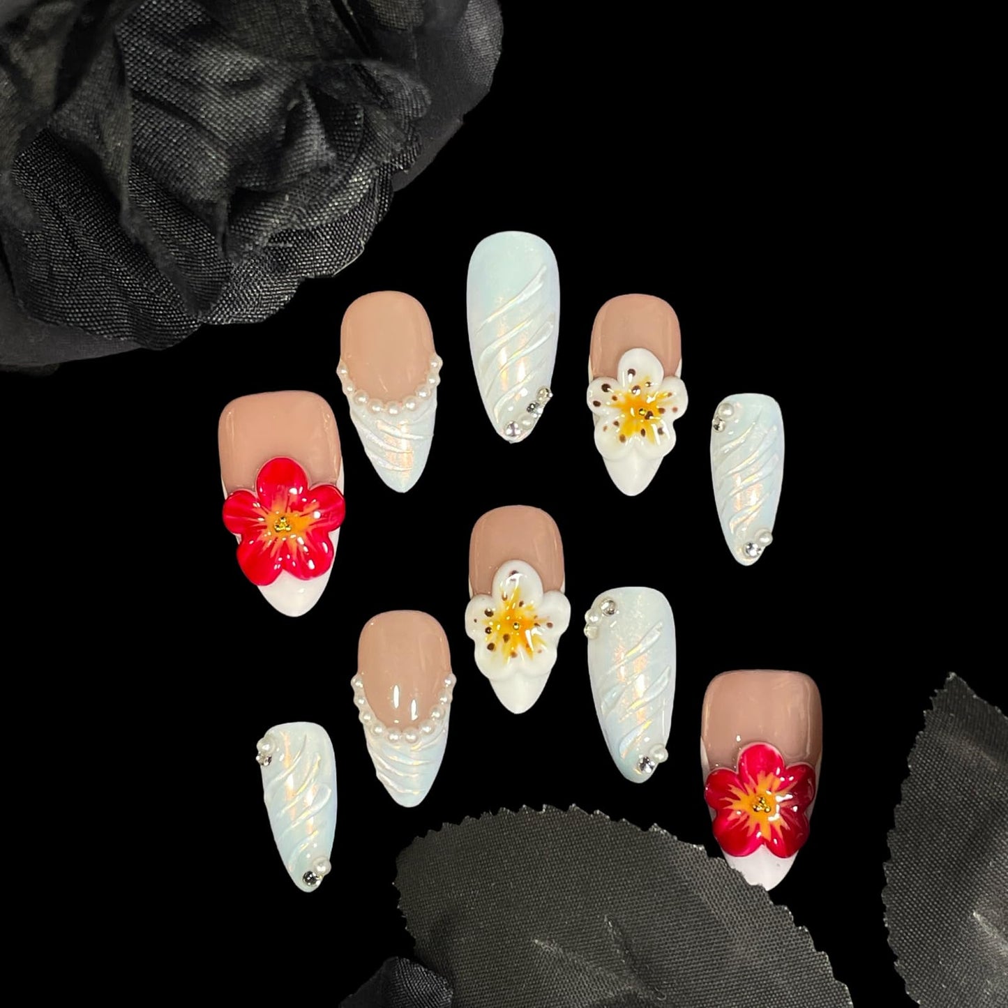 Handmade Press on Nails 3D Floral & Pearls - Medium Almond Fake Nails AuroraI White | Red/White Bloom Duo | Reusable Acrylic French Tip False Nails (Opal Flame, L)