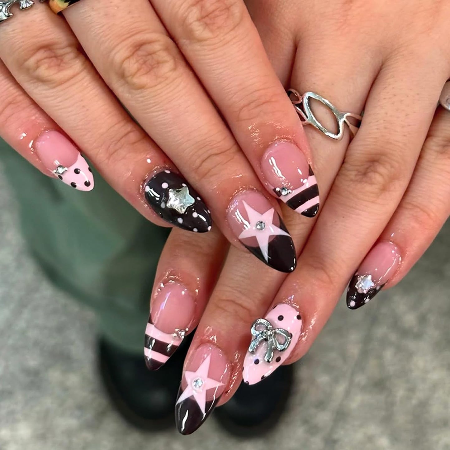 Polka Dot Press on Nails Almond Medium Fake Nails with Designs Bow Stars Stick on Nail Cute French Acrylic False Nail Rhinestone Artificial Nail Glossy Full Cover Glue on Nails for Women