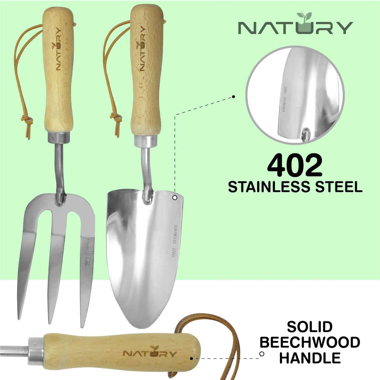 Natury Garden Tools Set – Premium Stainless Steel Gardening Hand Tools with Solid Beechwood Handle – Gardening Kit with Rake, Shovel, Gloves, Shears, Tool Organizer – Garden Gifts for Women and Men