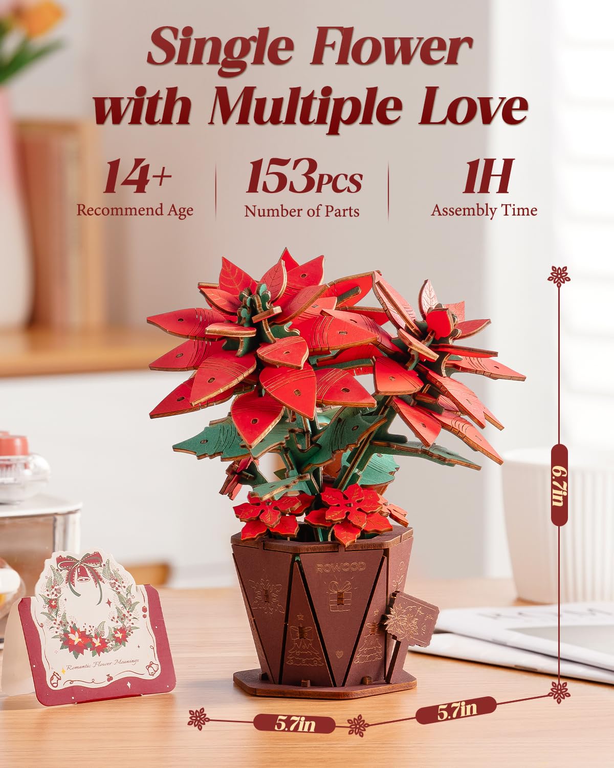 Rowood 3D Puzzles for Adults,Poinsettia Building Set Craft Kit,Artificial Flower Botanical Collection,Christmas Flowers Decoration Centerpiece for Table