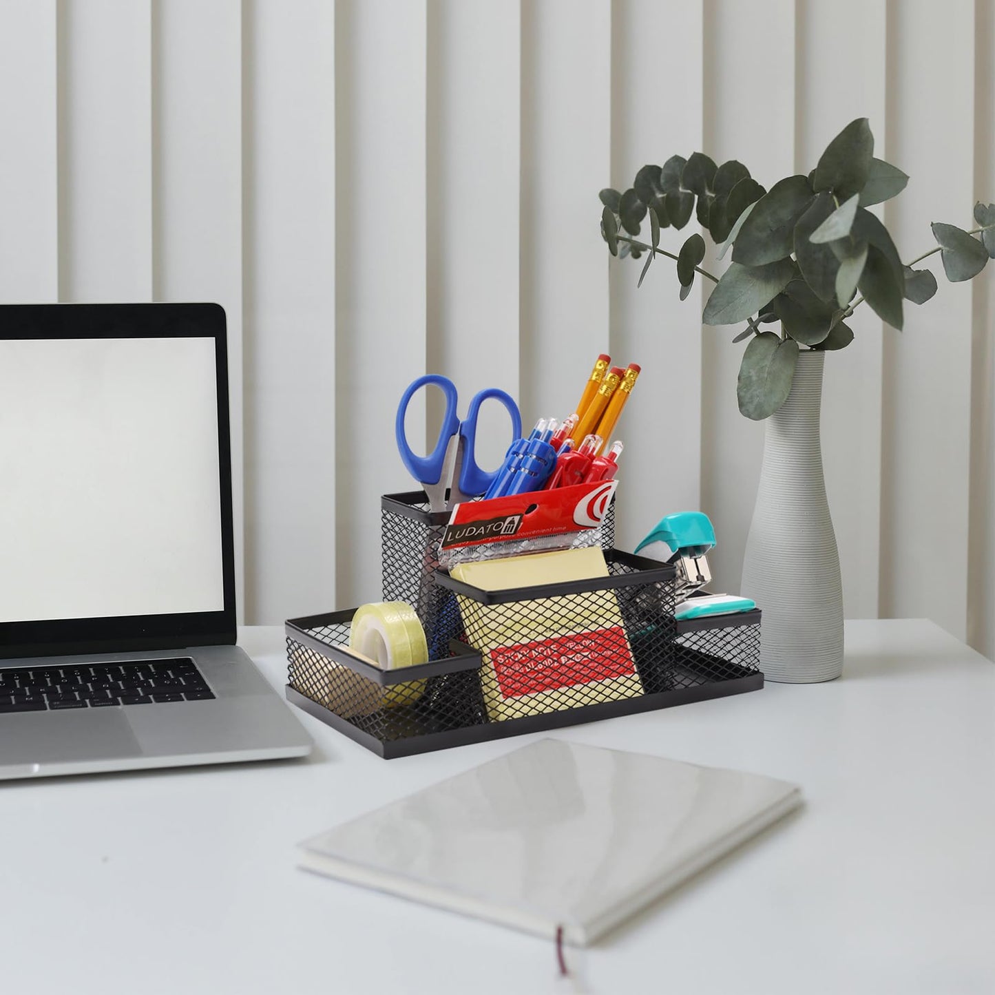 Ludato Desk Organizers Pen Holder for Desk, 4 Compartments Black Mesh Pen Holder Storage for Office Desk Accessories