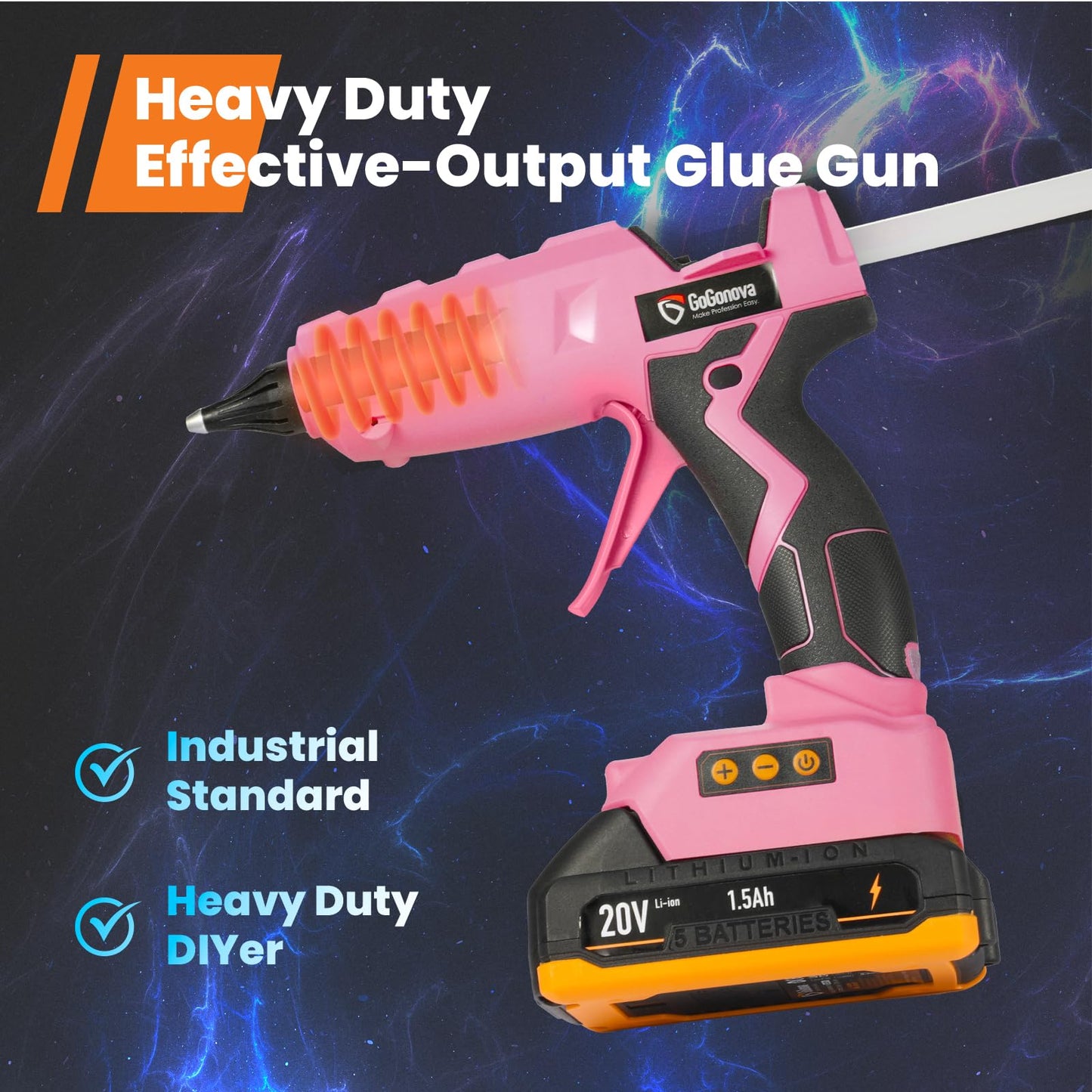 Full Size Cordless Glue Gun, GoGonova 20V Temp Adjust LCD Digital Display Fast Heating Accurate Dual Temp, Dripless Full Size Heavy Duty Hot Gun Kit with 12 Pcs Sticks (Battery Included)