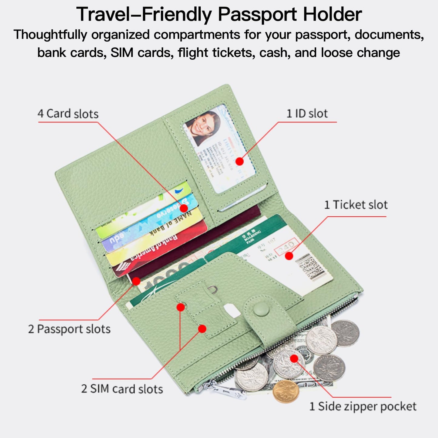 Genuine Leather RFID Blocking Passport Holder Wallet, Multi-Functional Travel Document Organizer with Zipper Pocket, Includes SIM Card Ejector Pin (Blue)