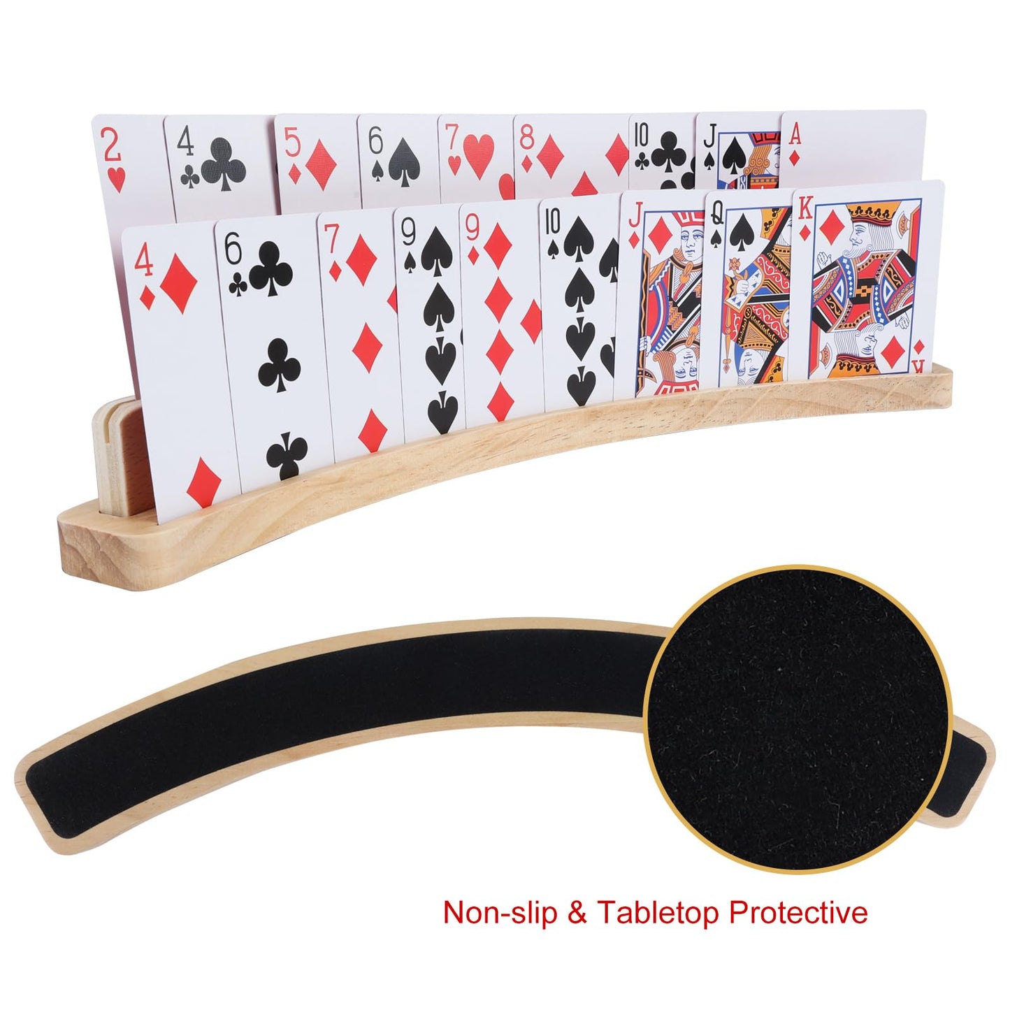 Offelec 4 Pack Wooden Playing Card Holders – 14 Inch 2-Slot Curved Card Holder for Kids, Adults, Seniors, with Non-Slip Base, Stackable Deck Organizer for Bridge, Poker, Strategy Games & Family Nights