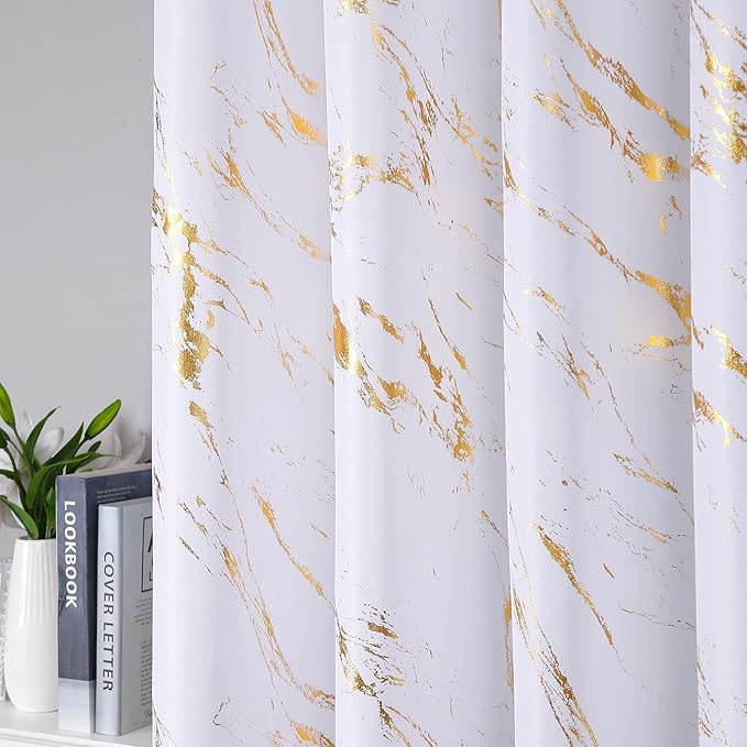 Taisier Home Gold Foil Print Linen Textured Curtains - Geometric Marble Pattern Design for Living Room - Light Filtering Window Treatment, 2 Panels, 72" L, White and Gold