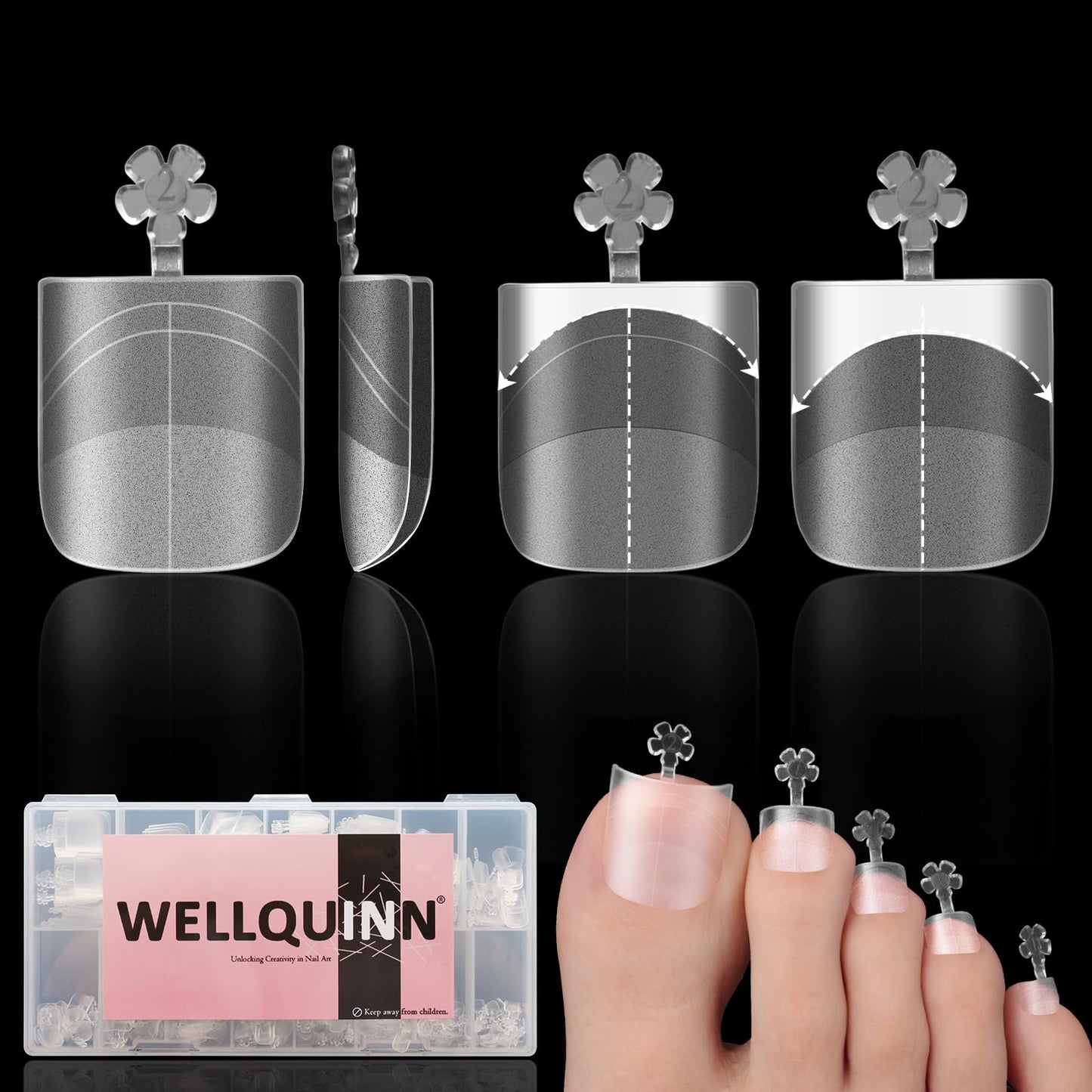 Wellquinn 360pcs Toe Nail Tips with Shaping Guide Lines, Press On Full Cover Toenail Tips for Wide Long Nail Bed, False Toes Extension, Acrylic & Gel Toe Extension Kit Clear 15 Sizes