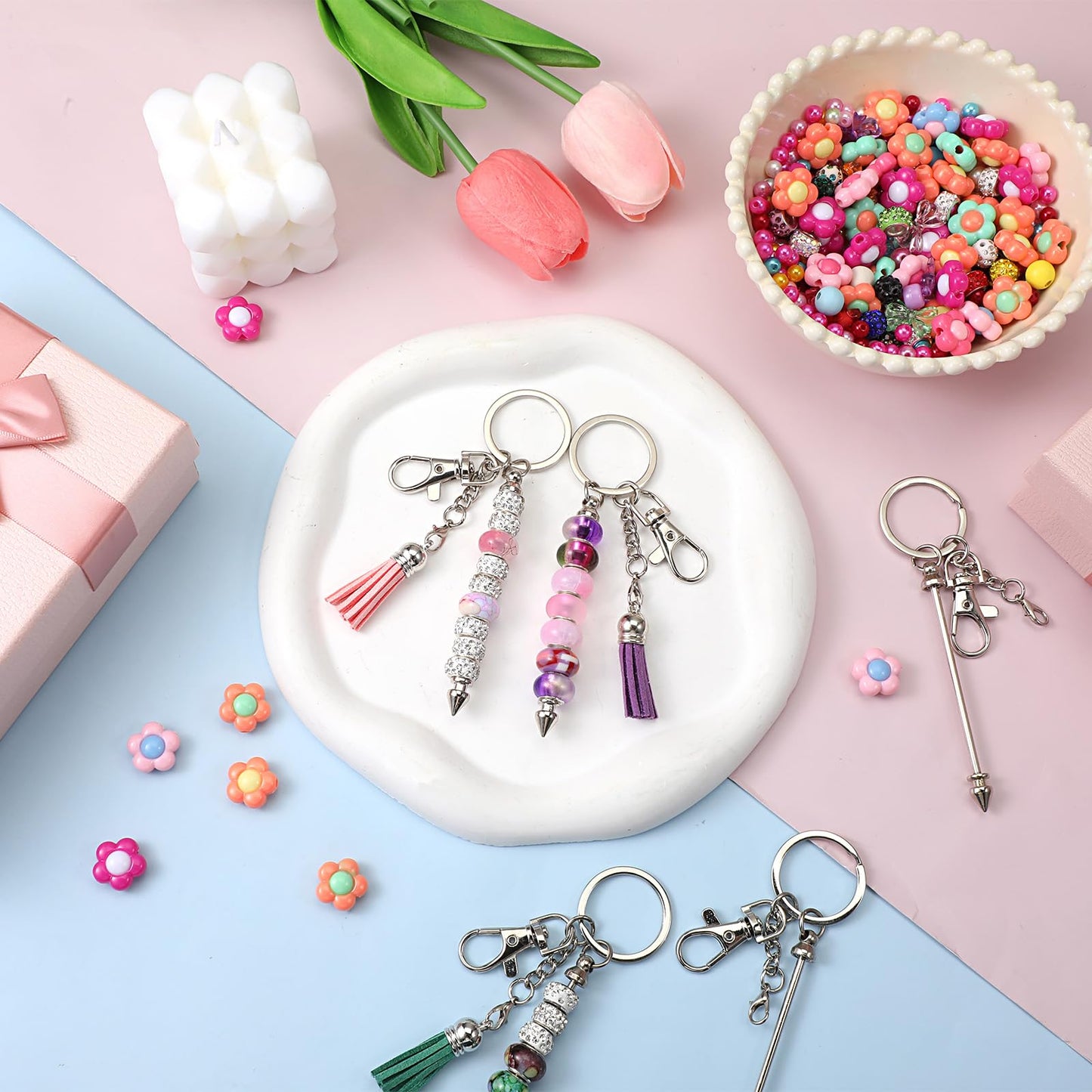 60 Pcs Beadable Keychains Bars with Tassel Silver Beads Keychain Making Kit DIY Blank Beaded Keychain with 36 Colorful Leather Tassel for Key Chain Making Supplies Jewelry Mak ing Gift