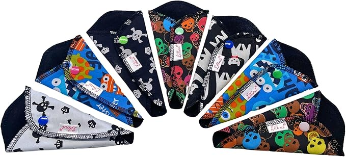 Lilind® 7 Pack Thong Pantyliners, Black Cloth Pads 100% Cotton Reusable Menstrual Sanitary Napkins, Free Wet Bag, Complete Set, Zero Waste