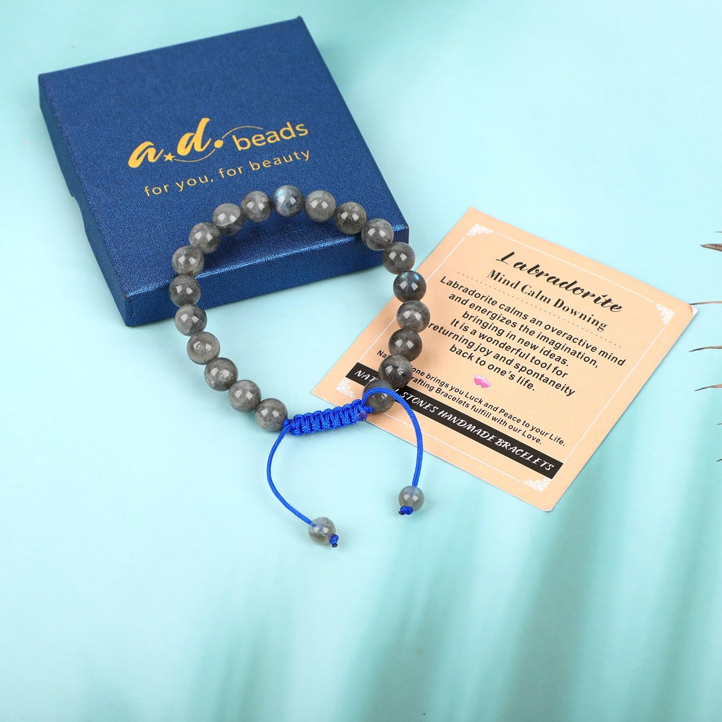 AD Beads 8mm Labradorite Bracelet - Stone of Mind Calm Downing - Handmade Natural Stone Crystal Bracelet with Adjustable Macrame String - Yoga Healing Power Energy Gifts for Men and Women