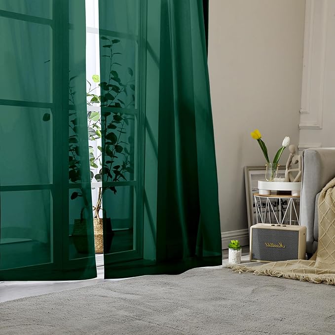 Lecloud Hunter Green Sheer Curtains 90 Inches Long 2 Panels, Airy Voile Solid Curtains, Gauzy Stylish Aesthetic Windows Decor Drapes with Rod Pocket for Bedroom Living Room, Each 42" W x 90" L