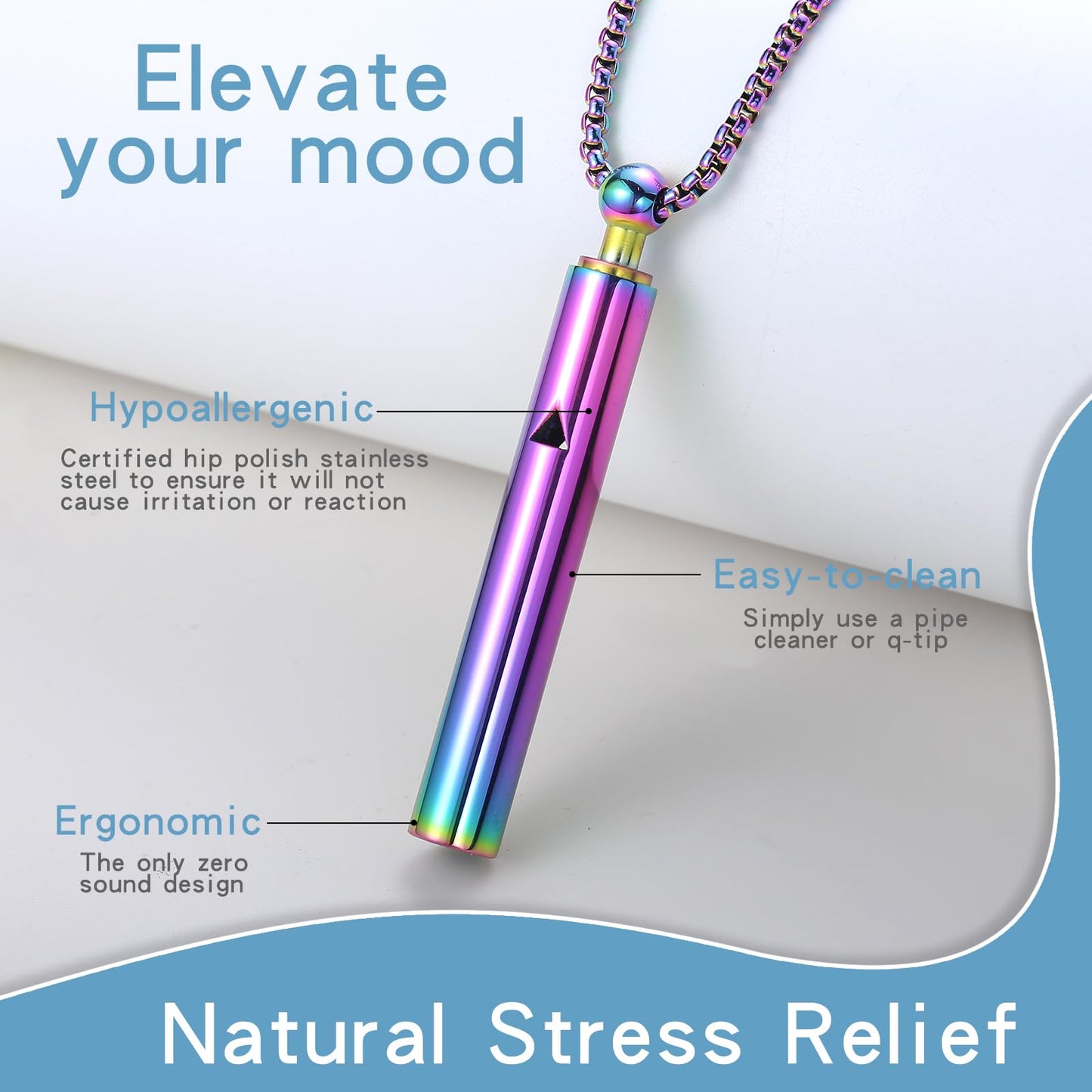 Anxiety Breathe Easy Necklace Mindfulness Breathing Necklace Breathlace Stainless Steel Pendant for Natural Calm & Stress Relief (Rainbow T)