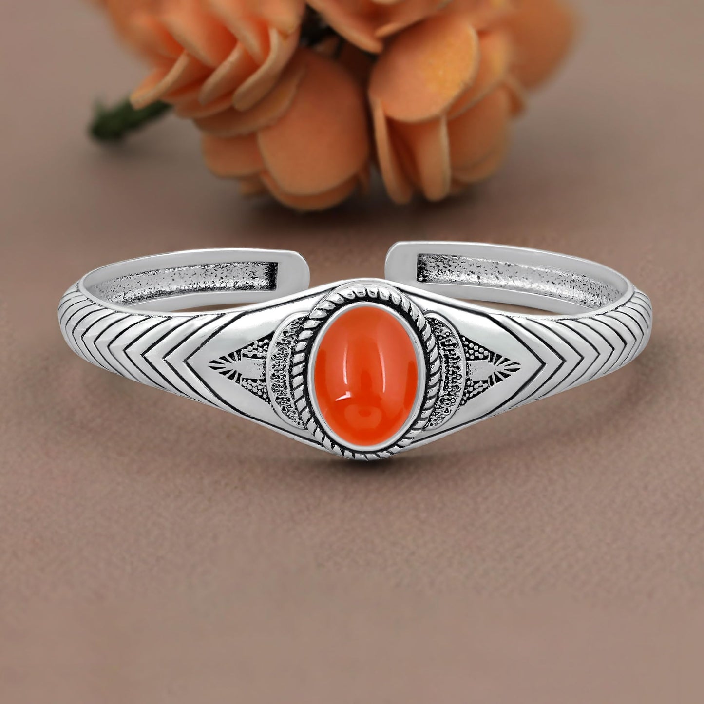 Carnelian Cuff Bangle Bracelet for Men Women – Handmade 925 Silver Plated Adjustable Boho Jewelry – Natural Gemstone July Birthstone Bold Statement Bangle – Fashion Statement Spiritual Jewelry