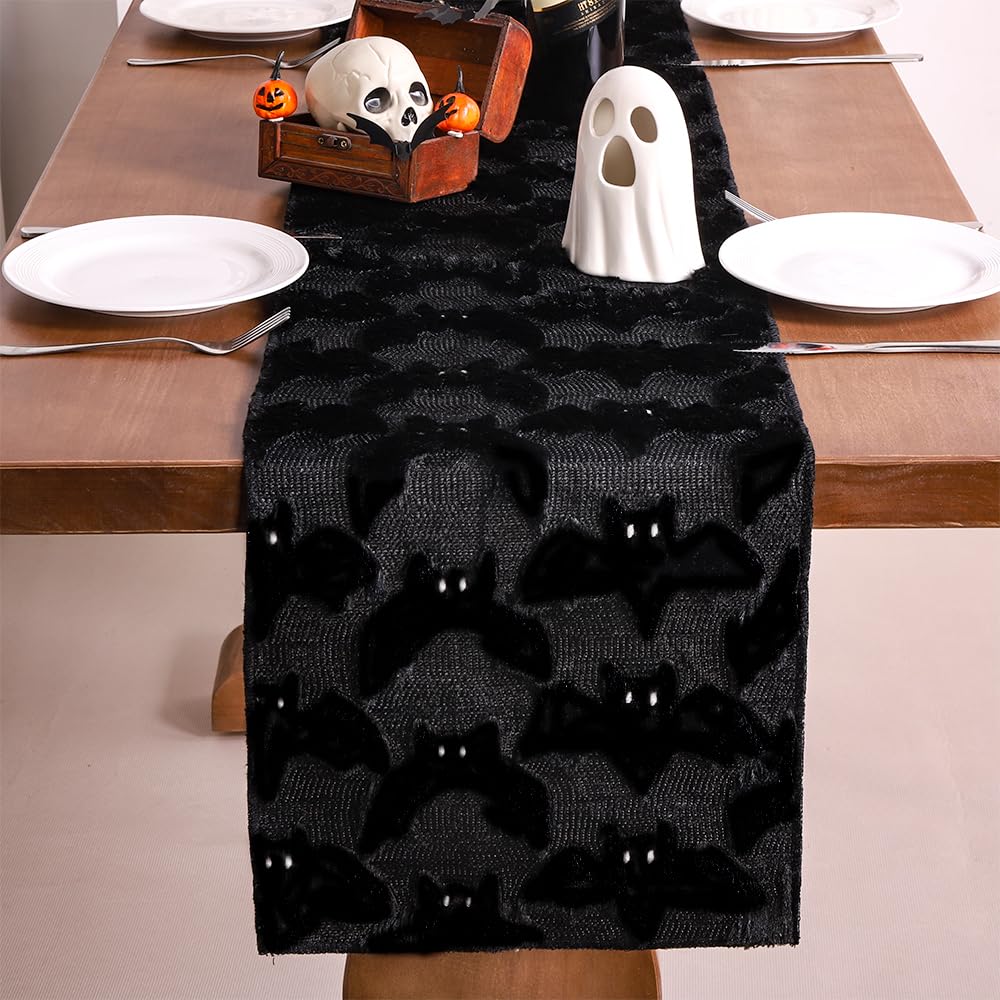 Heirloom Haven Black Bats Halloween Table Runner 13x72 Inch,Soft Plush Faux Fur Jacquard Seasonal Holiday Kitchen Dining Tabletop Runners for Home Indoor Decoration