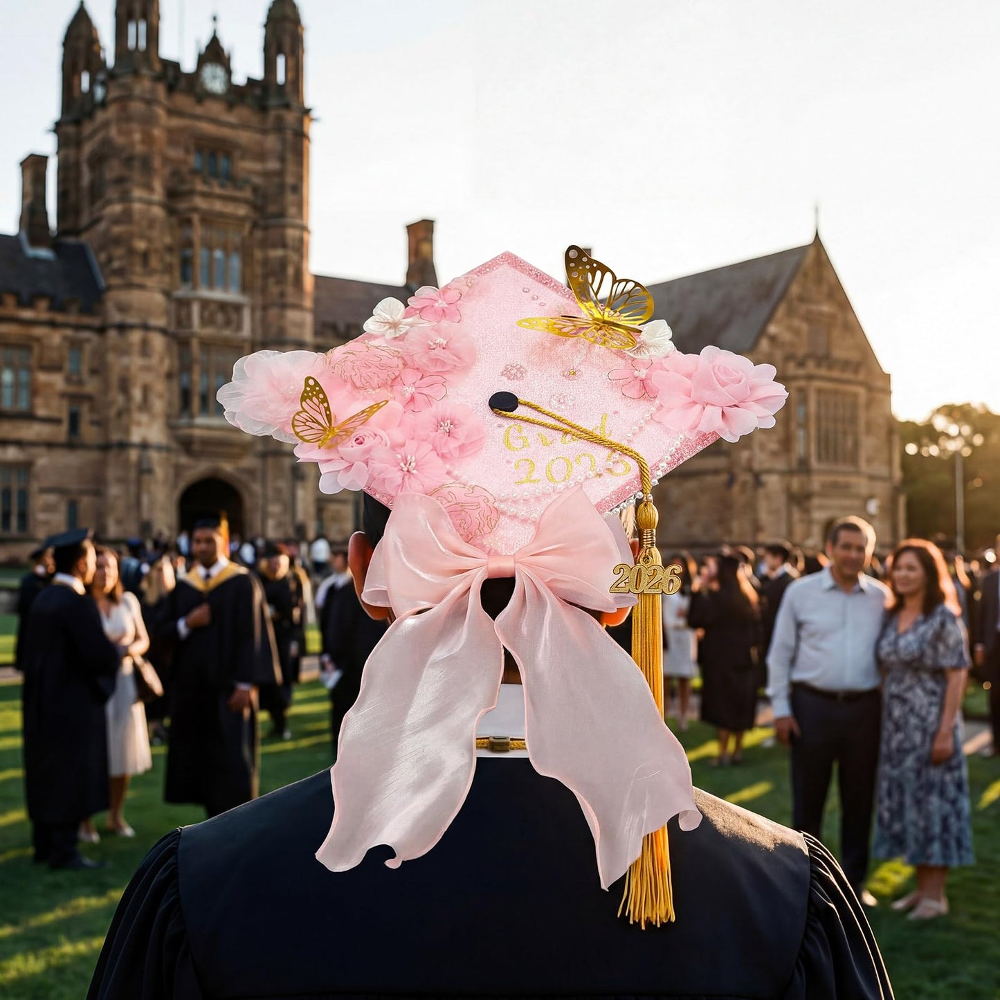 Wavwavw 58 Pcs DIY Graduation Cap Decorations Kit Grad Cap Decor Included Faux Flowers Bow Mesh 3D Butterfly Stickers, Adhesive Rhinestones, Glitter Letter Stickers, for 2026 Grad Party(Pink)