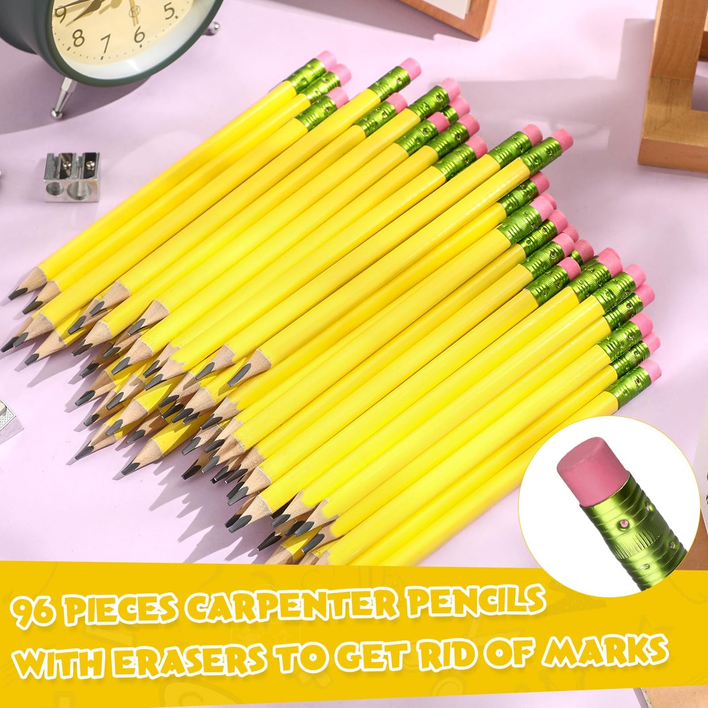 Fainne 102 Pieces Jumbo Pencils Set for Kids Toddlers 96 Thick Fat Large Pencils with Erasers 6 Sharpeners Bulk for Preschool Kindergarten Elementary School Classroom(Yellow,Triangle)