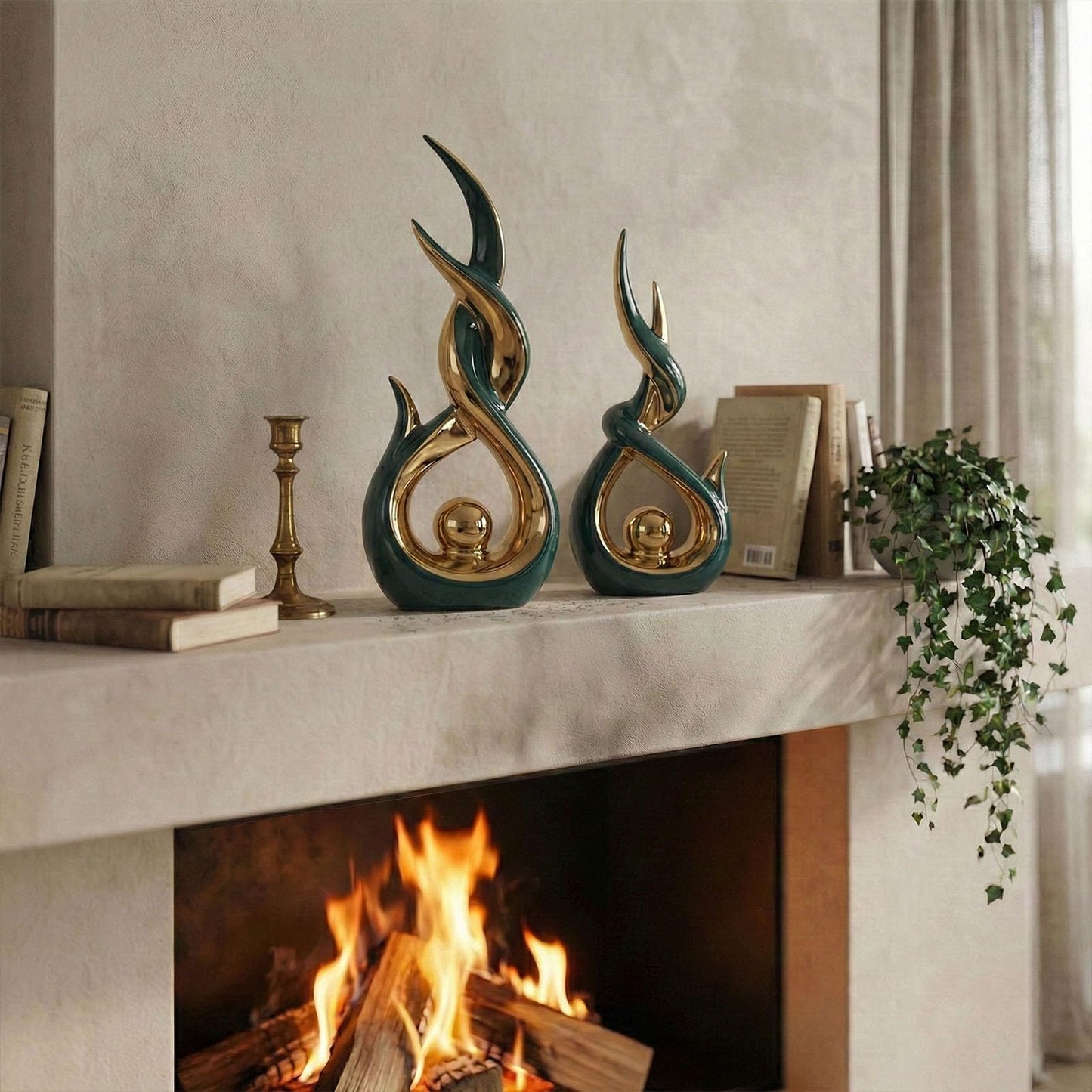 LCCCK Green and Gold Abstract Ceramic Sculpture Set of 2 Modern Electroplated Figurines Decorative Statues for Living Room Shelf Mantel Tabletop Home Decor Housewarming Gift