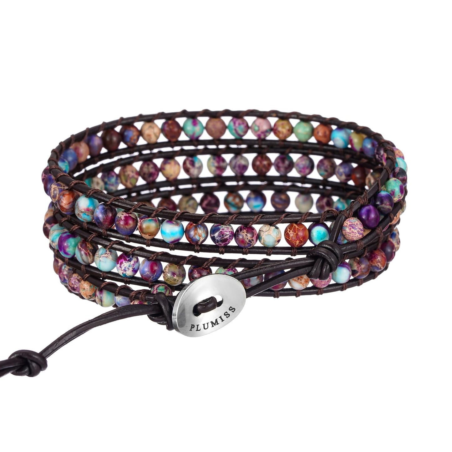 Plumiss Boho Unique Blue Purple Jasper Stone 4mm Beads Genuine Leather Handmade 3 Wrap Bracelets Jewlery Gift