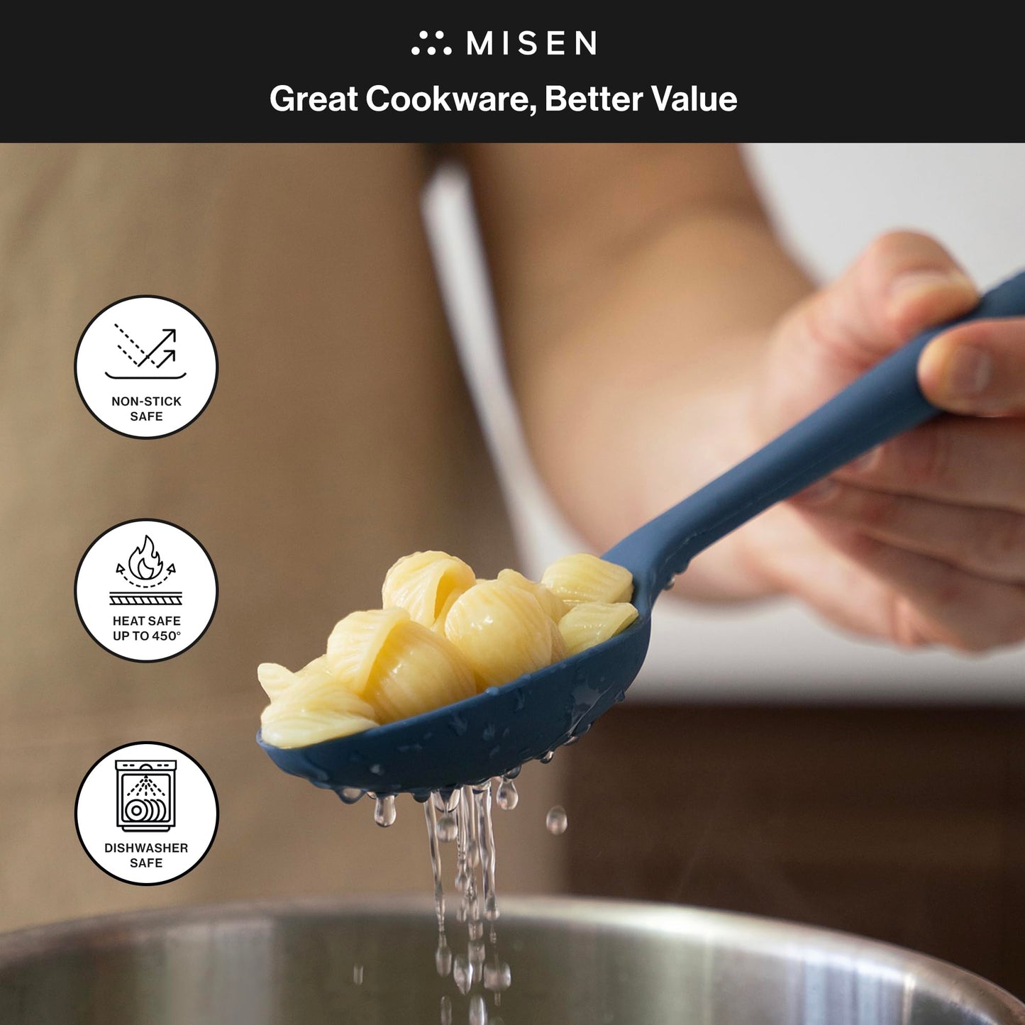 Misen Silicone Slotted Spoon - Dishwasher Safe, Professional-Grade Perforated Spoon - Comfortable Grip, Nonstick Safe, Heat Safe - Perfect for Stirring & Serving - Blue
