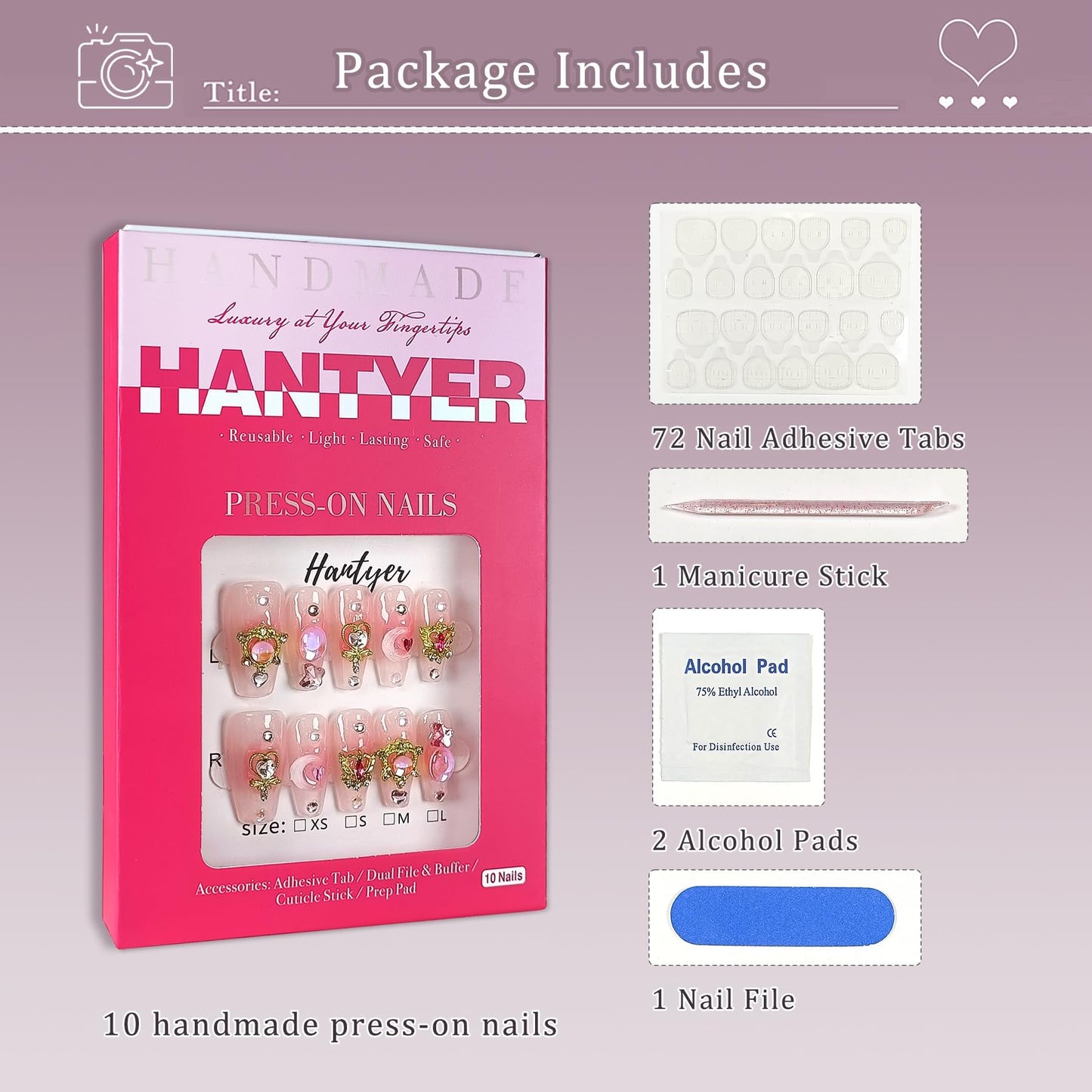 Hantyer Y2K Press on Nails with Tools Kit, Medium Long Coffin Glossy Nails, Fake Nails in Pastel Pink, False Nails with 3D Moon Charms, Kawaii Style for Anime Parties & Special Events(Size M)