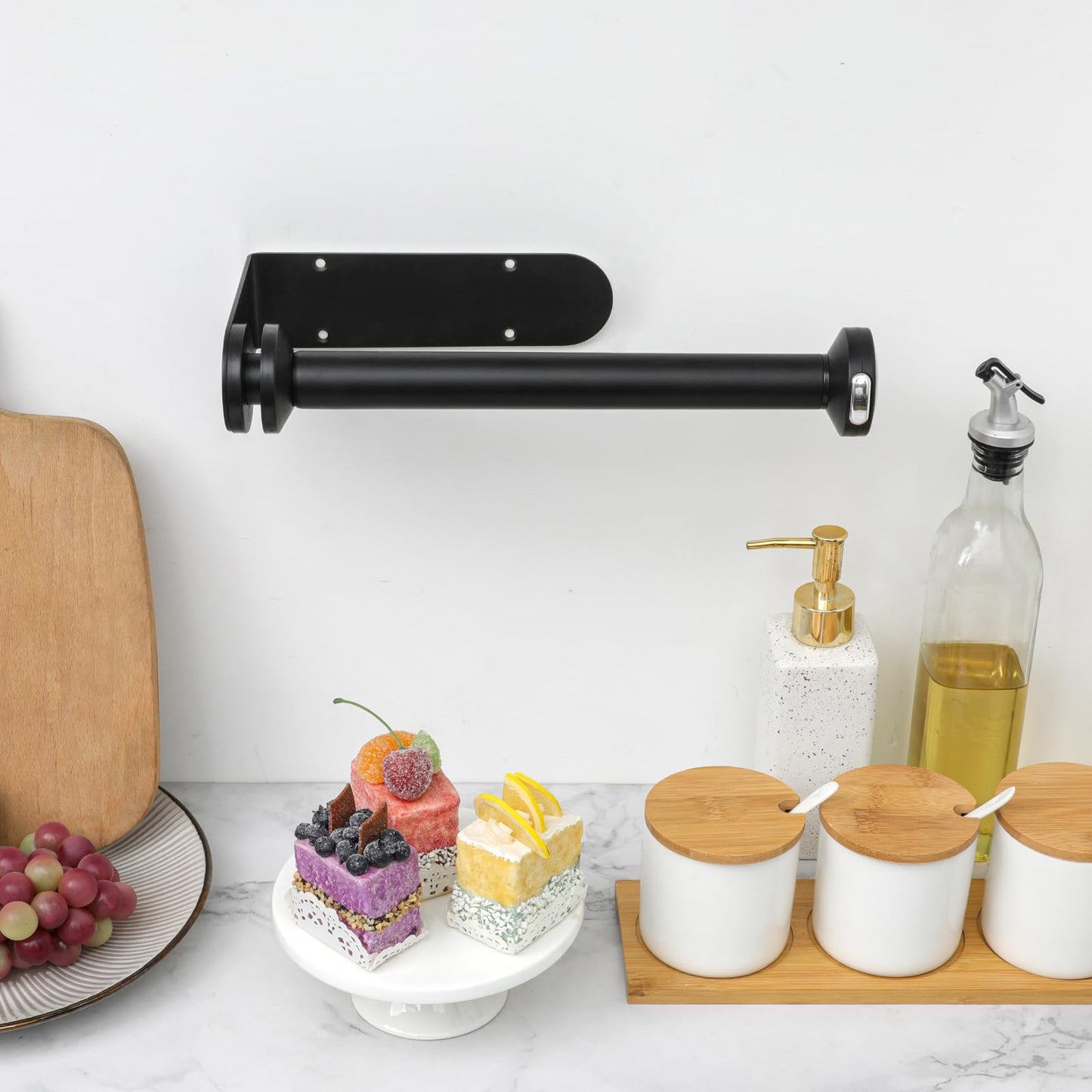 theaoo Under Cabinet Paper Towel Holder for Kitchen, Easy One-Handed Tear, Quick Release Knob for Easy Roll Loading, Wall-Mounted Dispenser, Self-Adhesive or Drill Mounting, Black Stainless Steel