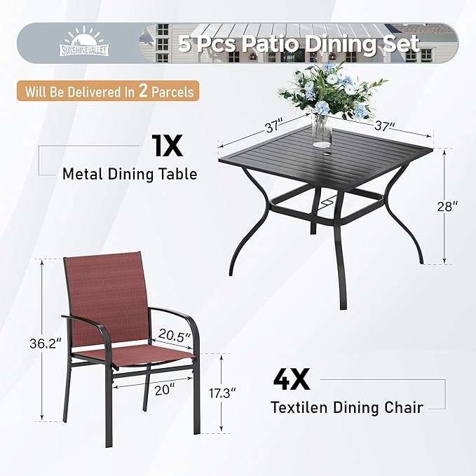 5 Piece Patio Dining Set for 4, 37”x37” Square Table with Umbrella Hole, 4 Metal Red Chairs, Outdoor Table and Chairs Set for Lawn Backyard and Deck