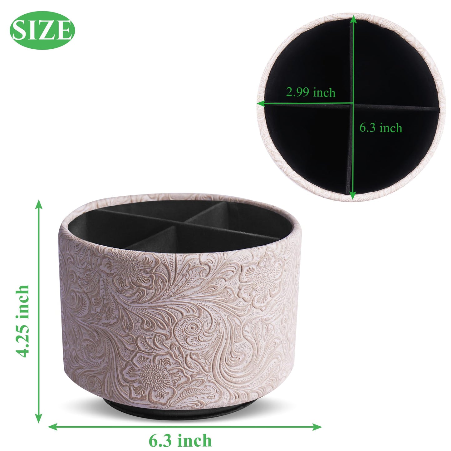 lizimandu Round Leather Art Supply Organizer,Remote Control Holder,360 Degree Spinning,Multi-Functional Pencil Holder,4 Compartments Desktop Stationary Organizer(1-Carved White)