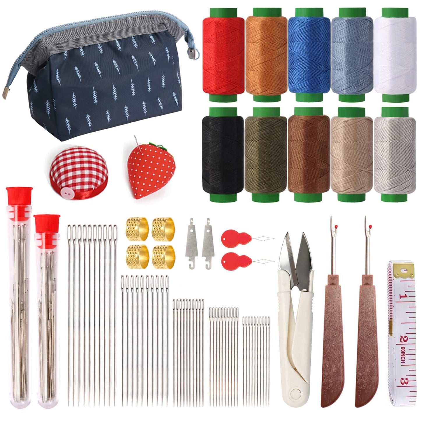 75 PCS Sewing Tool Set, Big Eye Steel Sewing Needles Kit with 10 Rolls Jeans Thread & Strawberry Pin Cushion Holder, Denim Needles Hand Repair Kit for Beginners, Portable DIY Travel Working