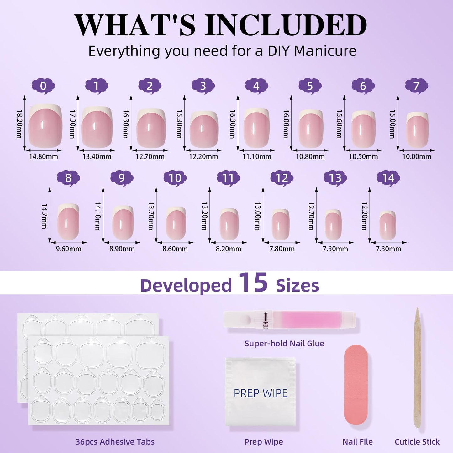 French Tip Press On Nails - Pink and White French Tip Press On Nails Short Square, Reusable Glossy Fake Nails Kit with Glue, 30 Pieces in 15 Sizes