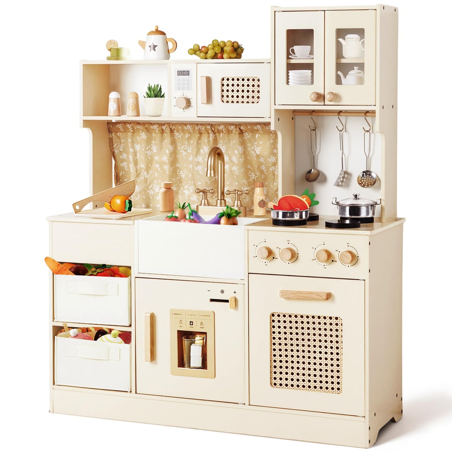 labebe Play Kitchen for Kids Indoor Pretend Play, Wood Toy Set with 2 Storage Boxes, Stove, Sink, Ice Maker, Pots and Pans, Kitchen Set for Cooking Play