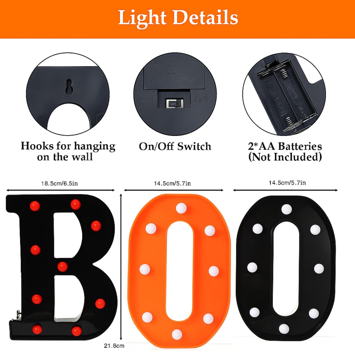 Grinsvalley Halloween Decorations Set Include 3 Boo Marquee LED Light up Letters with 72 Pcs Halloween 3D Bat Stickers Decor Boo Signs Light for Home Fireplace Room Desk Mantel Wall Table Party