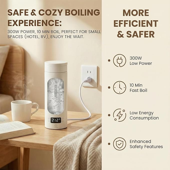 Travel Tea Kettle（110V）, Portable Electric Kettle, 316 Stainless Steel Premium Liner, 4-speed Temperature Adjustment with Auto Shut-off and Boil-Off Protection,White.