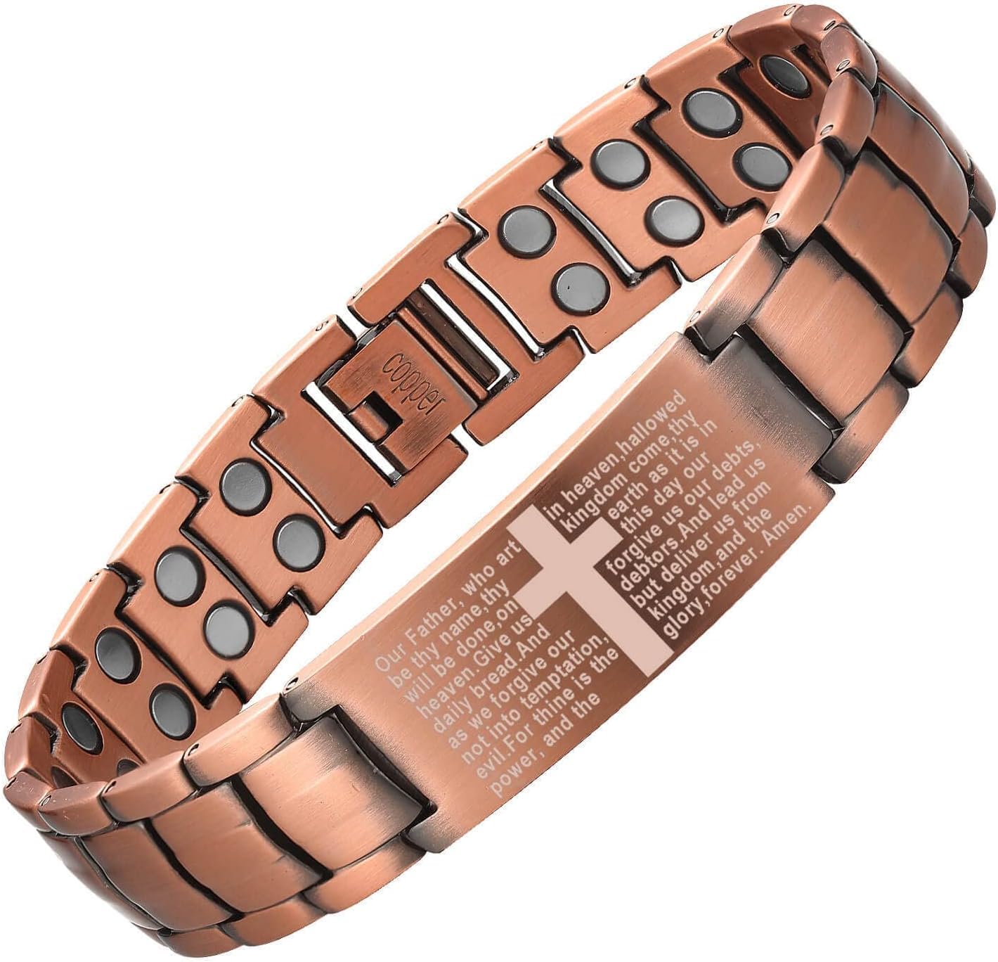 Fashtour Copper Cross Bracelet for Men - Ultra Strength Magnetic Mens Cross Jewelry Set - Adjustable Magnetic Bracelet with Sizing Tool Jewelry Box (Copper587AC)