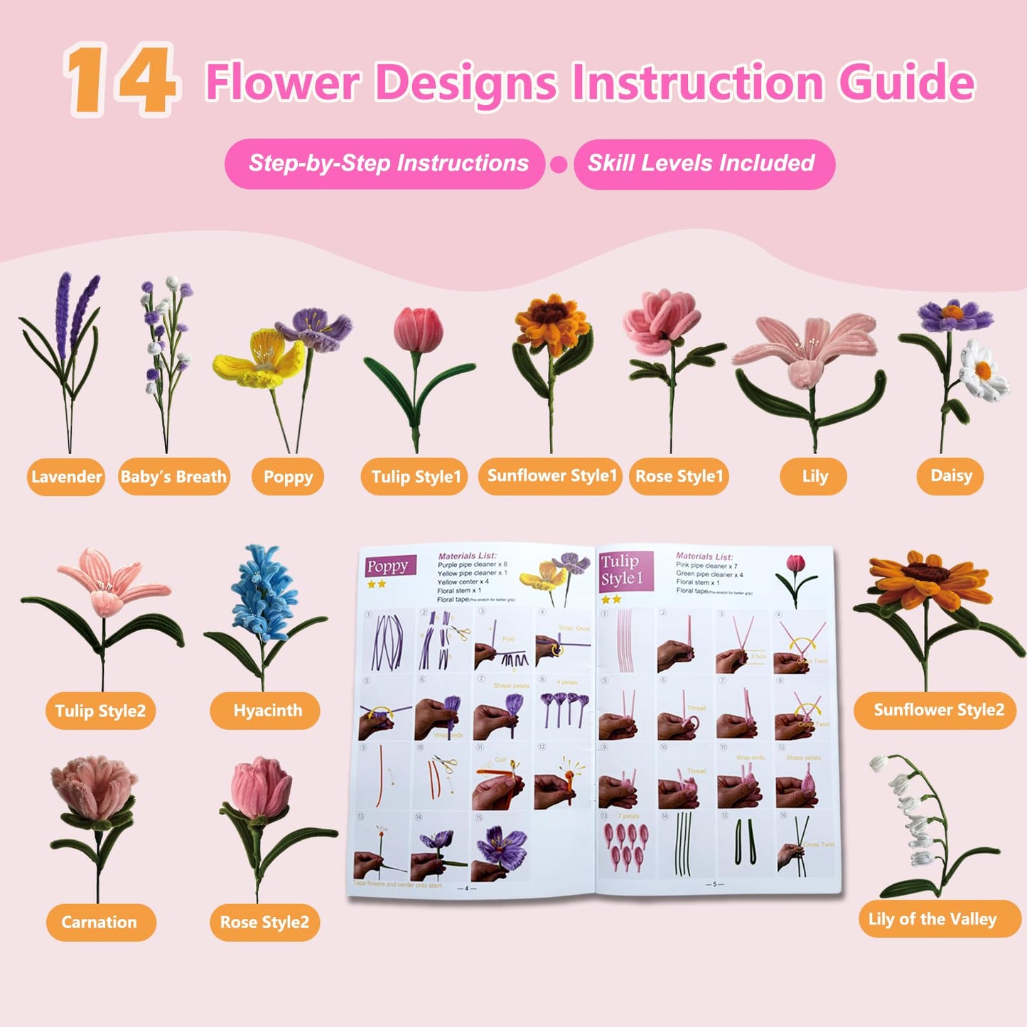 ShooBoo Pipe Cleaner Flower Kit, 700 PCS Pipe Cleaners Craft with 14 Flower Designs Step-by-Step Instruction Guide, 14 Colors Chenille Stems Flower Making Kit with Floral Stems,DIY Craft Supplies